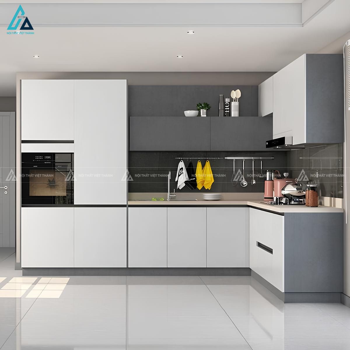 Mẫu tủ bếp mdf chữ L thiết kế thông minh tối ưu diện tích sử dụng