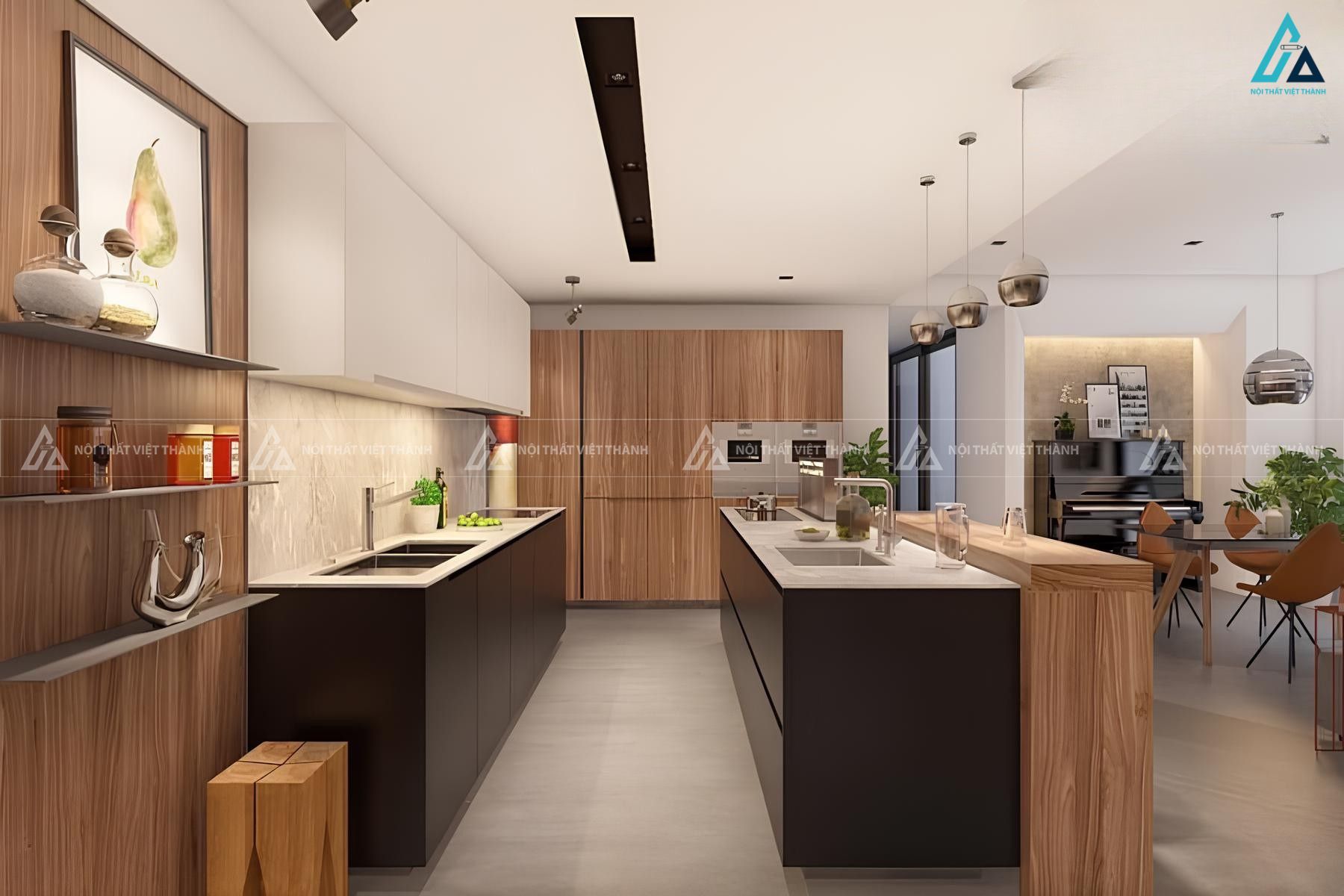 Mẫu tủ bếp gỗ mdf có bàn đảo bếp tiện nghi cho không gian lớn