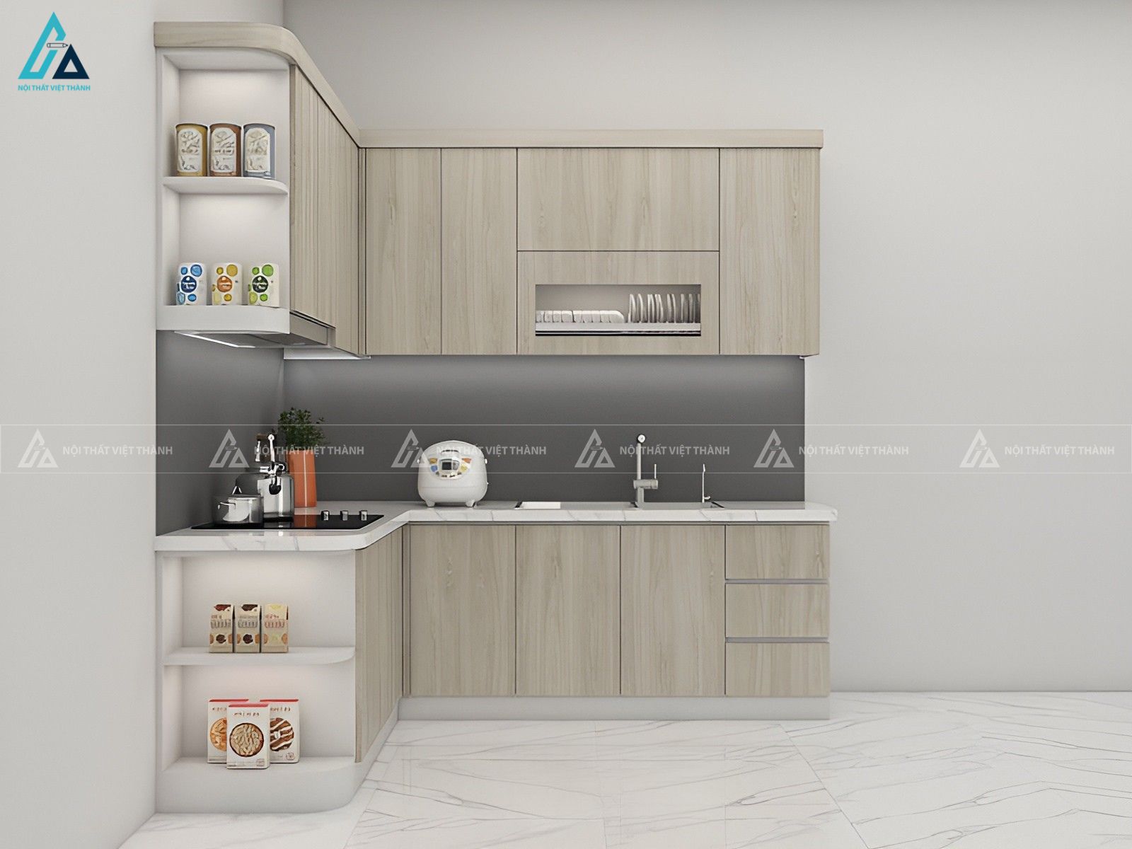 Tủ bếp mdf với hệ kệ mở thông minh giúp nhà bếp ngăn nắp