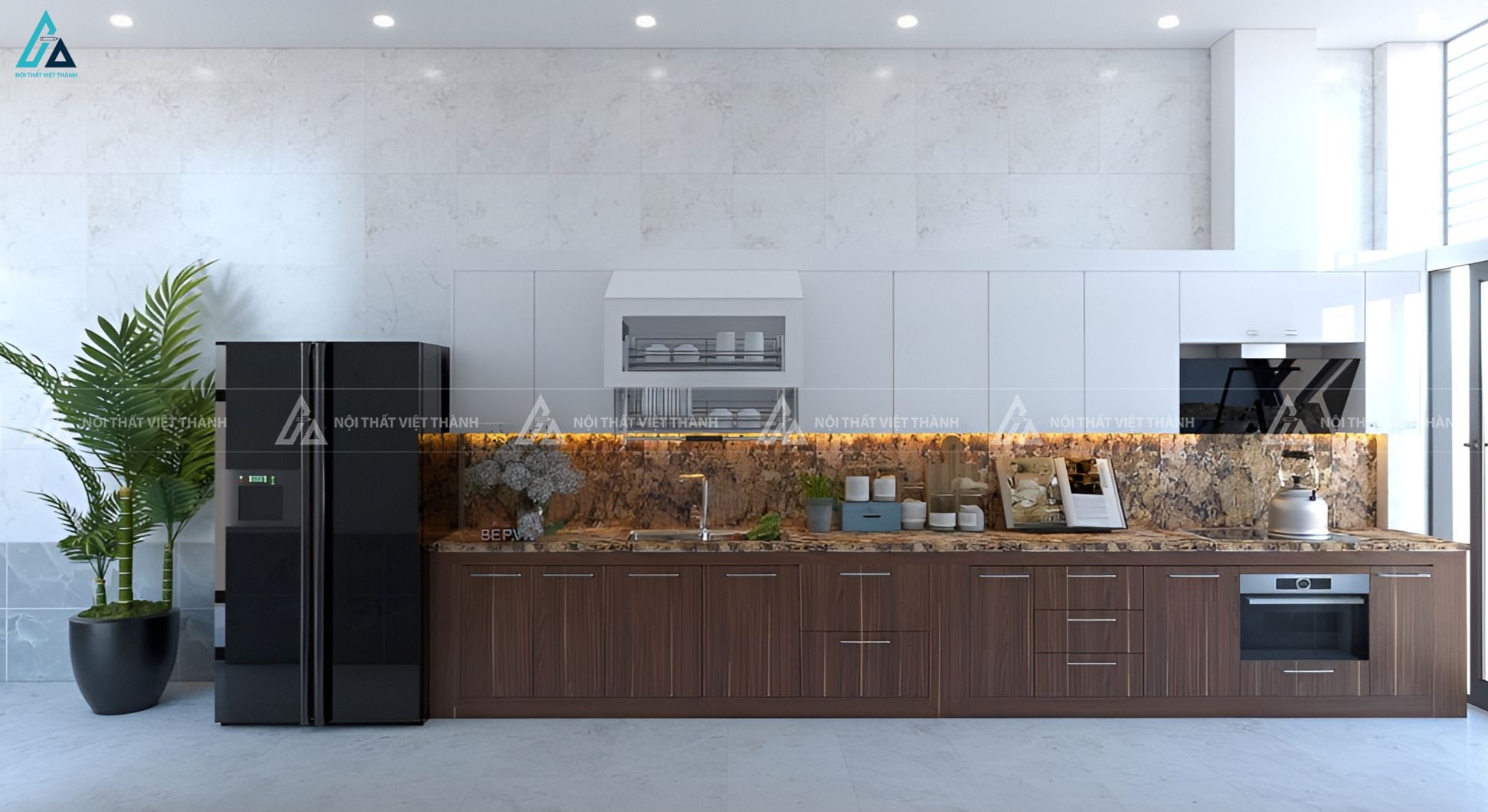Tủ bếp mdf kịch trần phối vân gỗ trắng hiện đại và ngăn nắp