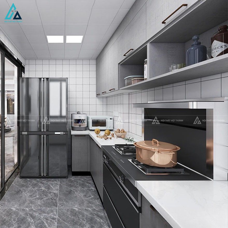 Tủ bếp mdf hiện đại tông xám sang trọng cho căn bếp nhỏ