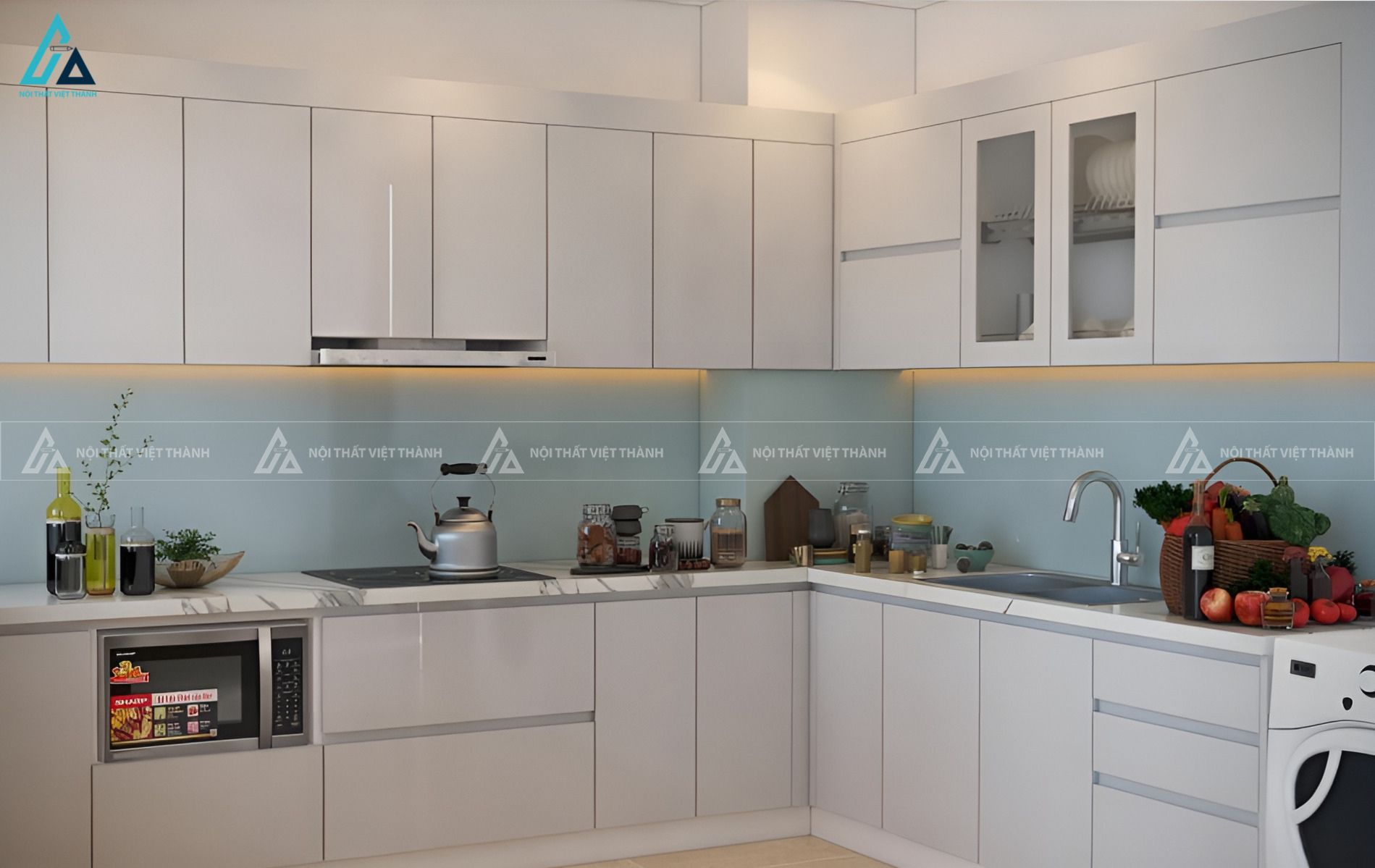 Tủ bếp mdf sang trọng tích hợp thiết bị gia dụng tiện nghi