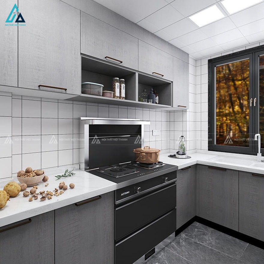 Tủ bếp mdf hiện đại tông xám sang trọng cho căn bếp nhỏ 2