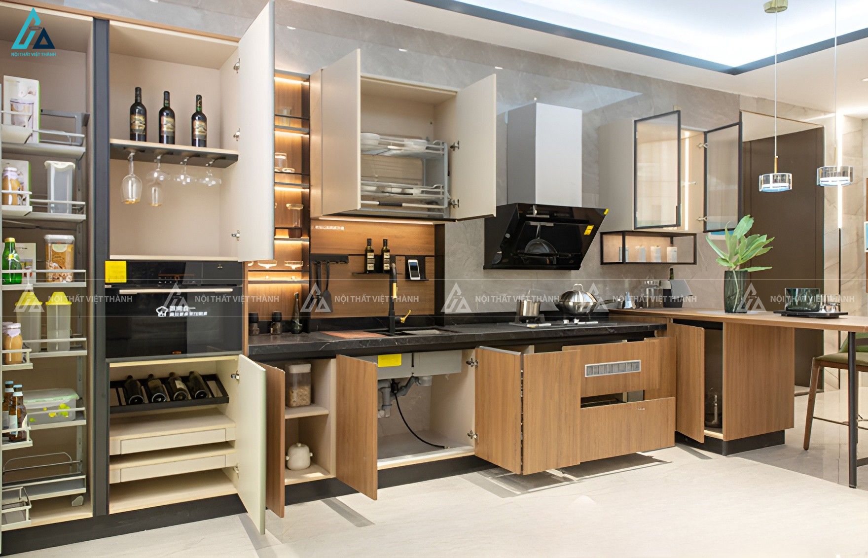 Mẫu tủ bếp mdf kết hợp bàn ăn thông minh tiện nghi và tinh tế 2