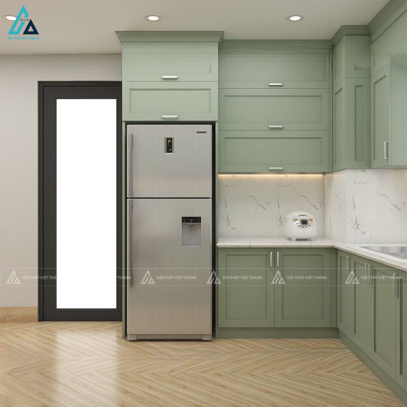 Thiết kế tủ bếp mdf xanh rêu hiện đại tối ưu công năng sử dụng 2