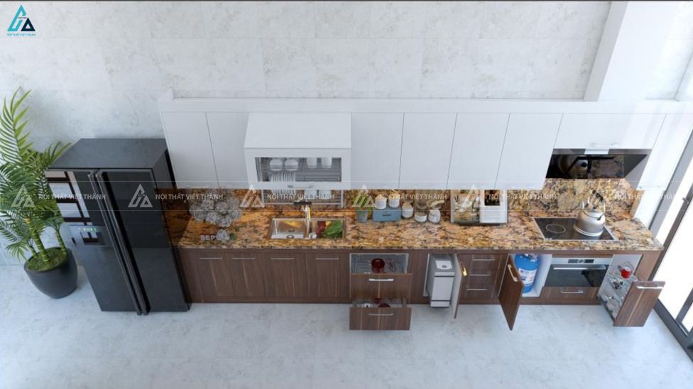 Tủ bếp mdf kịch trần phối vân gỗ trắng hiện đại và ngăn nắp 2