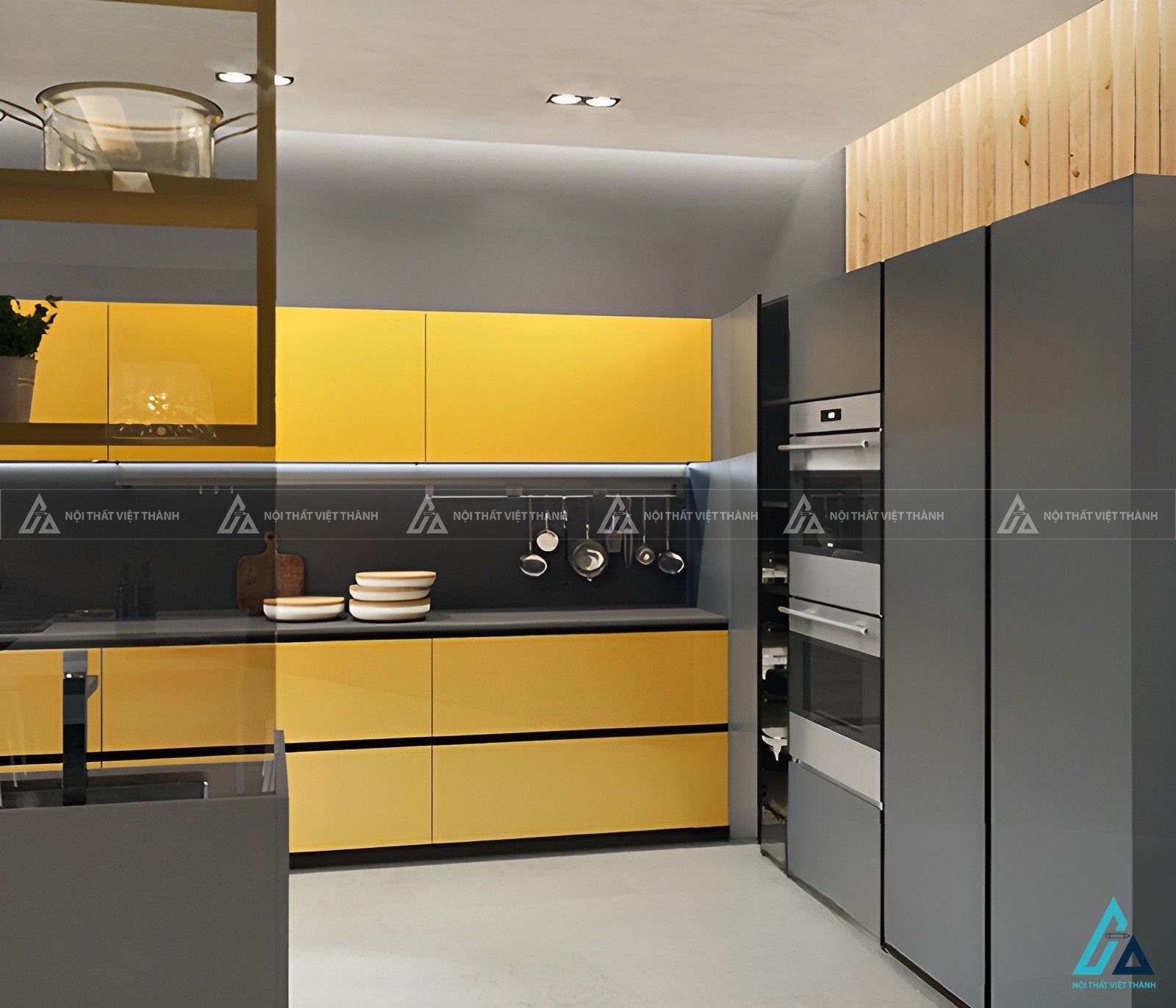 Mẫu tủ bếp mdf có bàn đảo kết hợp kệ trang trí độc đáo tiện nghi 2