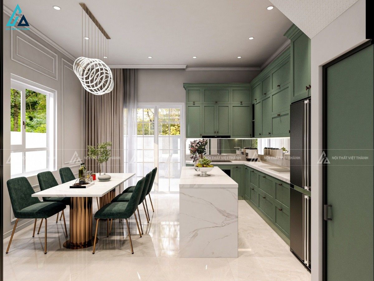Tủ bếp mdf màu xanh rêu độc đáo kết hợp mặt bàn đá vân mây 2