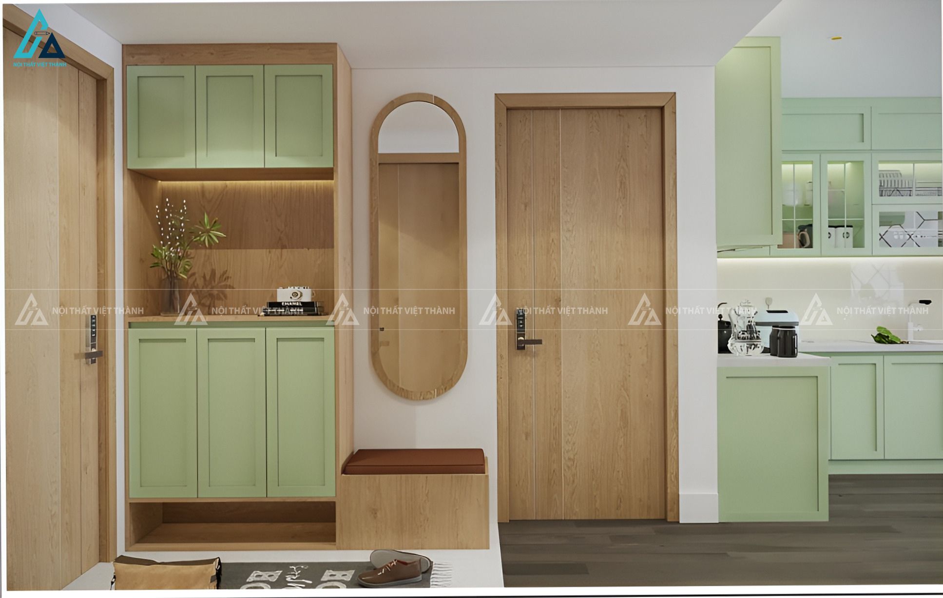 Mẫu tủ bếp mdf màu xanh bạc hà thiết kế cổ điển sang trọng 2