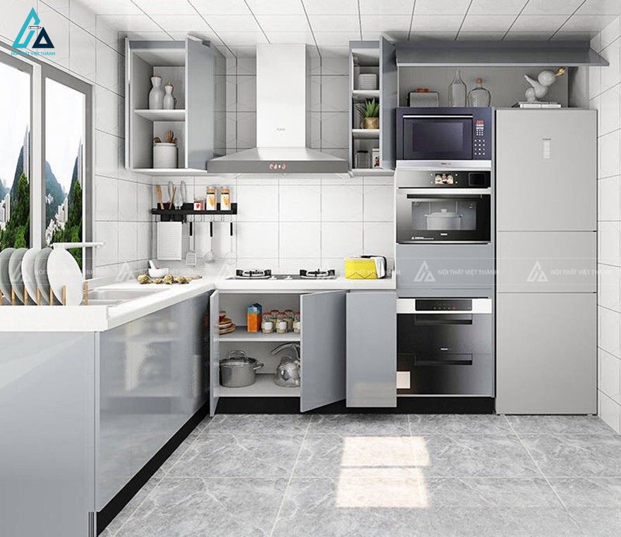Tủ bếp mdf chữ L hiện đại với hệ tủ thiết bị tích hợp thông minh 2