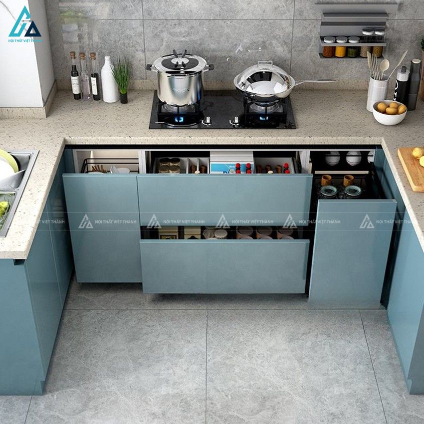 Tủ bếp mdf chữ U hiện đại phối màu xanh trắng sang trọng 2