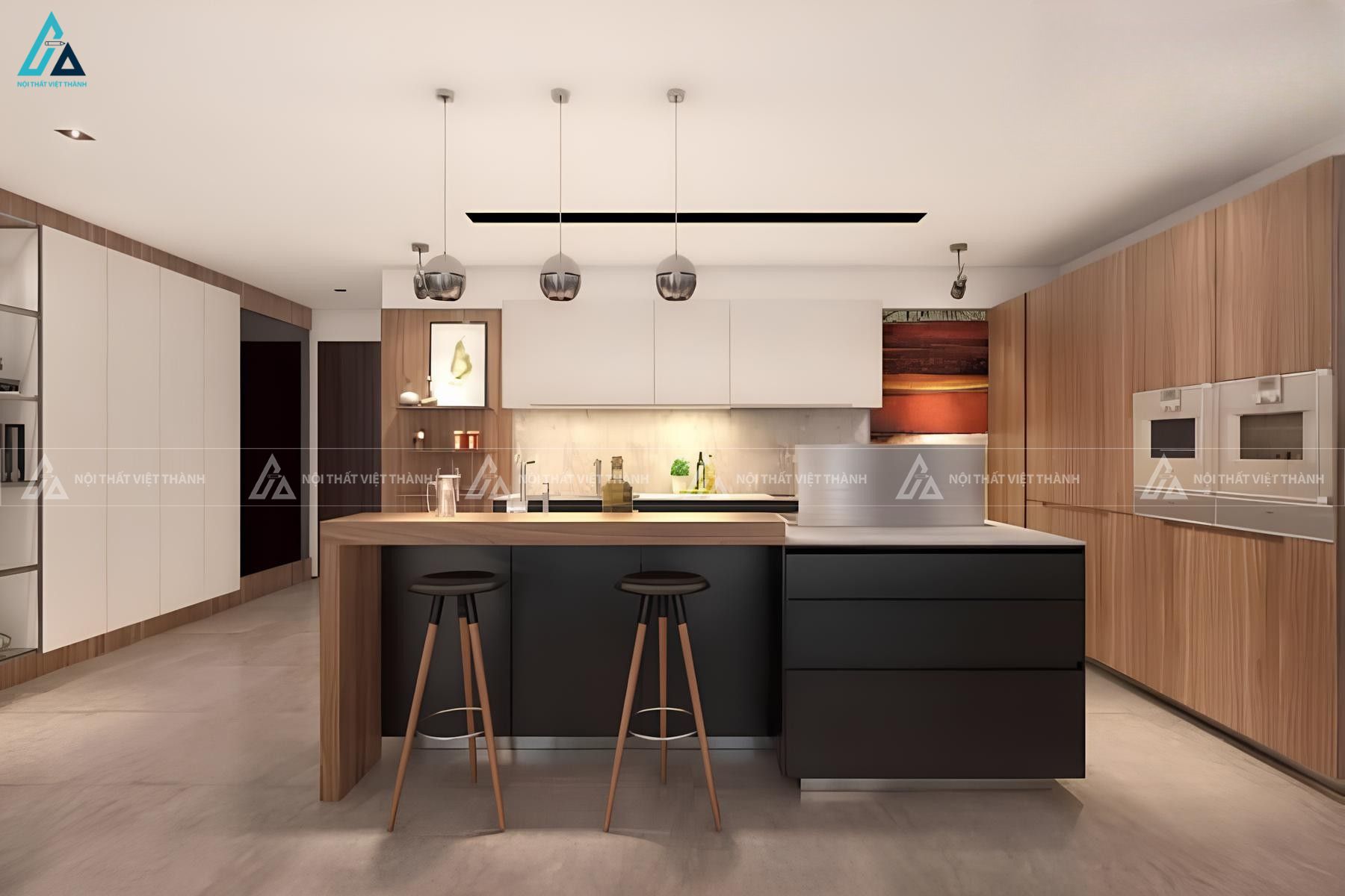 Mẫu tủ bếp gỗ mdf có bàn đảo bếp tiện nghi cho không gian lớn 1