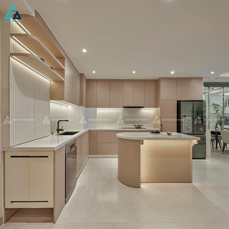 Tủ bếp mdf màu kem sang trọng tích hợp đảo bếp tiện nghi 2