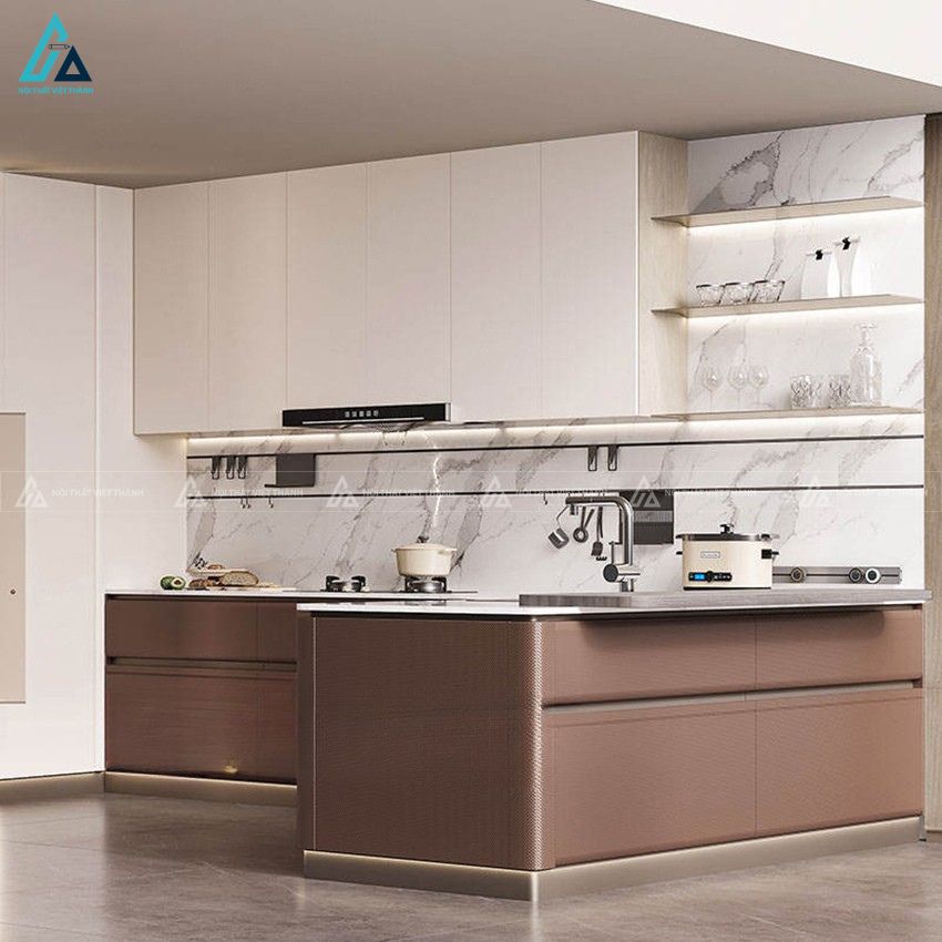 Tủ bếp mdf màu nâu trắng tinh tế nâng tầm vẻ đẹp phòng bếp nhà 2