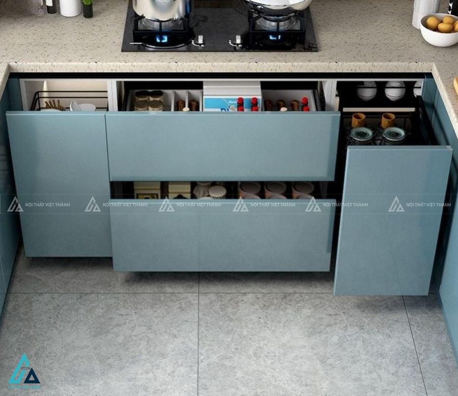 Tủ bếp gỗ mdf chữ U màu xanh hiện đại tối ưu không gian nhà bếp 2