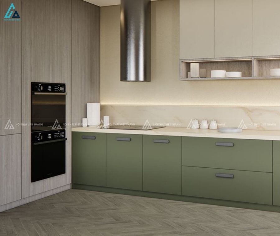 Tủ bếp gỗ mdf màu xanh hiện đại thiết kế bo cong tinh tế sang trọng 1