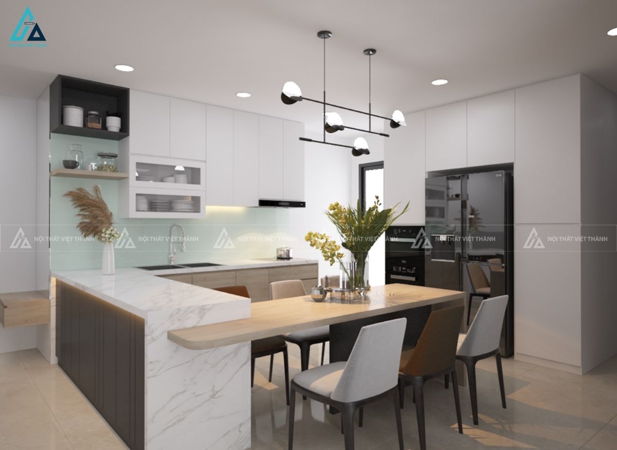 Tủ bếp mdf kết hợp bàn ăn hiện đại sang trọng cho căn hộ 2