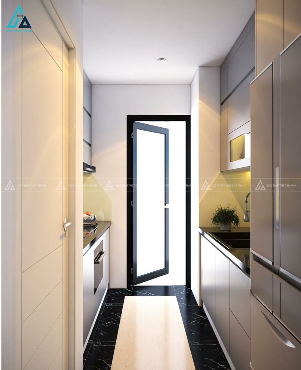 Mẫu tủ bếp mdf hiện đại phối mặt đá đẳng cấp cho căn hộ nhỏ 2