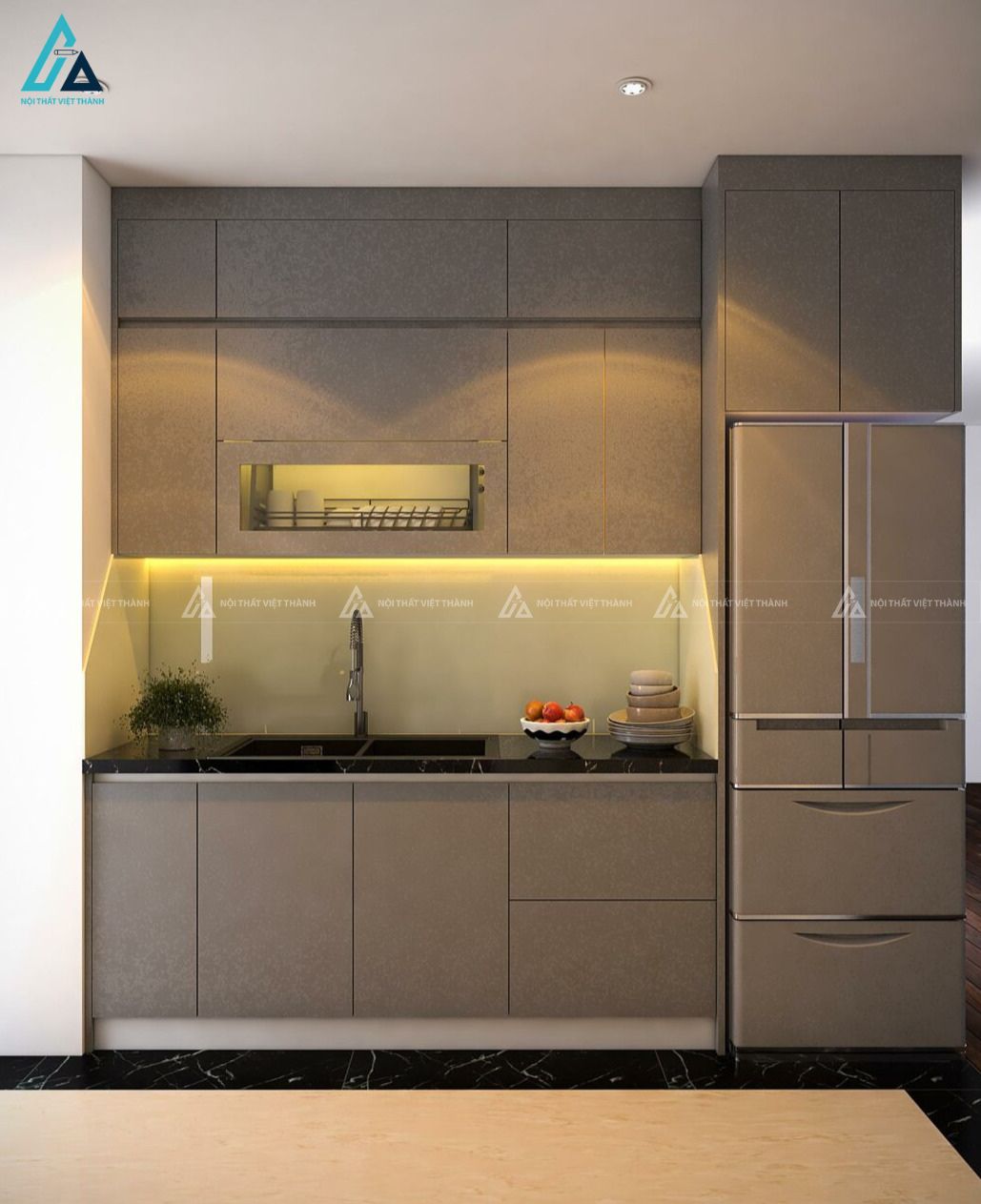 Mẫu tủ bếp mdf hiện đại phối mặt đá đẳng cấp cho căn hộ nhỏ