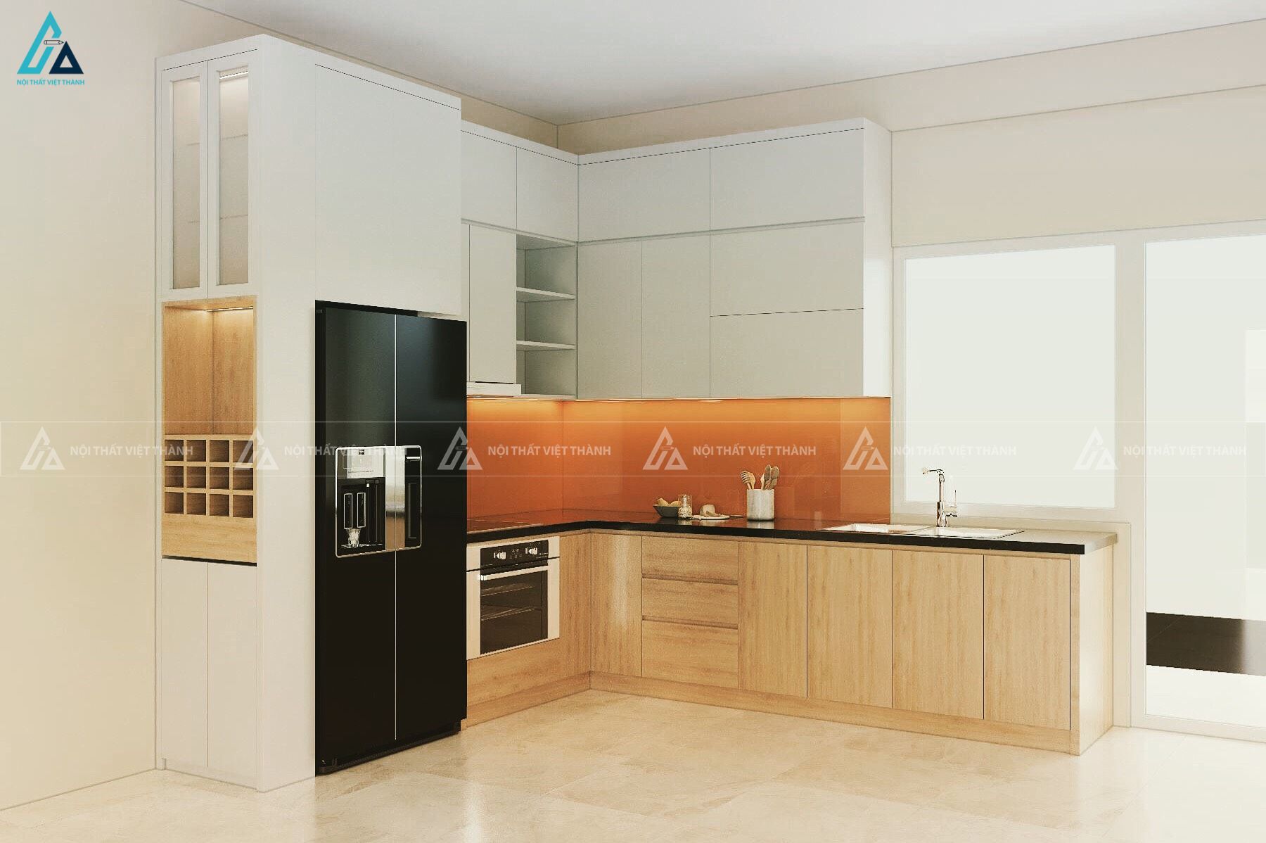 Tủ bếp mdf sang trọng có tủ rượu đẳng cấp cho căn hộ chung cư