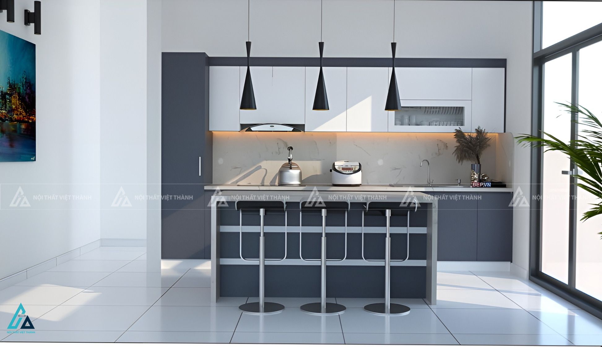 Tủ bếp mdf phối màu xám trắng hiện đại thiết kế bàn đảo sang trọng