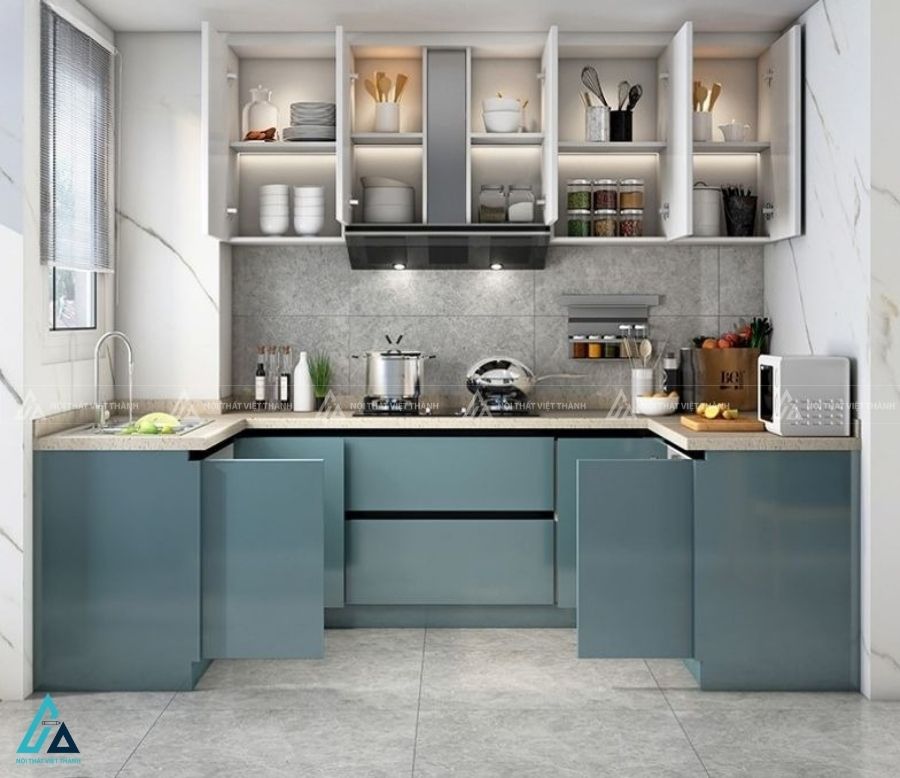 Tủ bếp gỗ mdf chữ U màu xanh hiện đại tối ưu không gian nhà bếp
