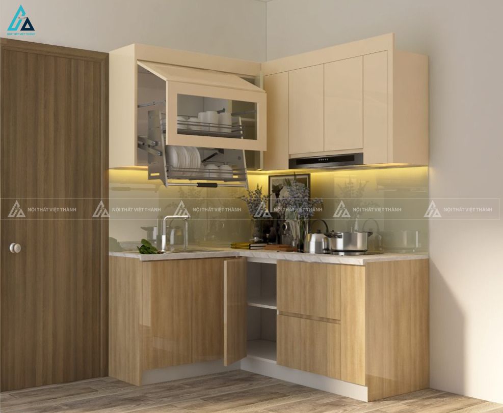 Mẫu tủ bếp mdf chữ L thiết kế thông minh tối ưu diện tích hiện đại