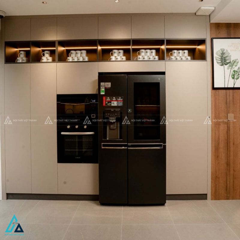 Tủ bếp mdf phối vân gỗ sang trọng kết hợp hệ đèn led thông minh 4