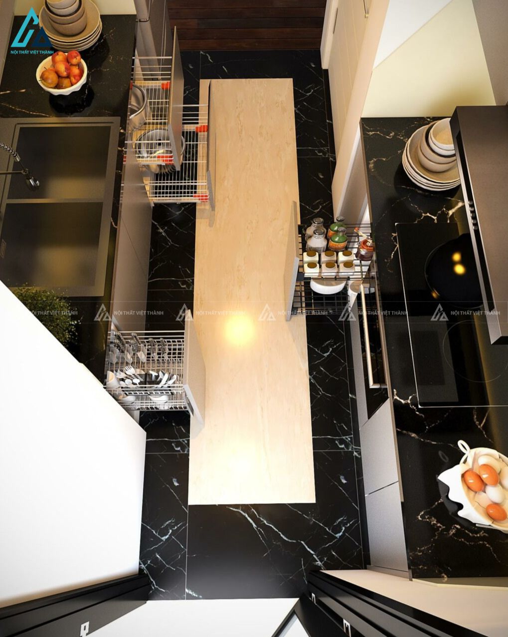 Mẫu tủ bếp mdf hiện đại phối mặt đá đẳng cấp cho căn hộ nhỏ 3