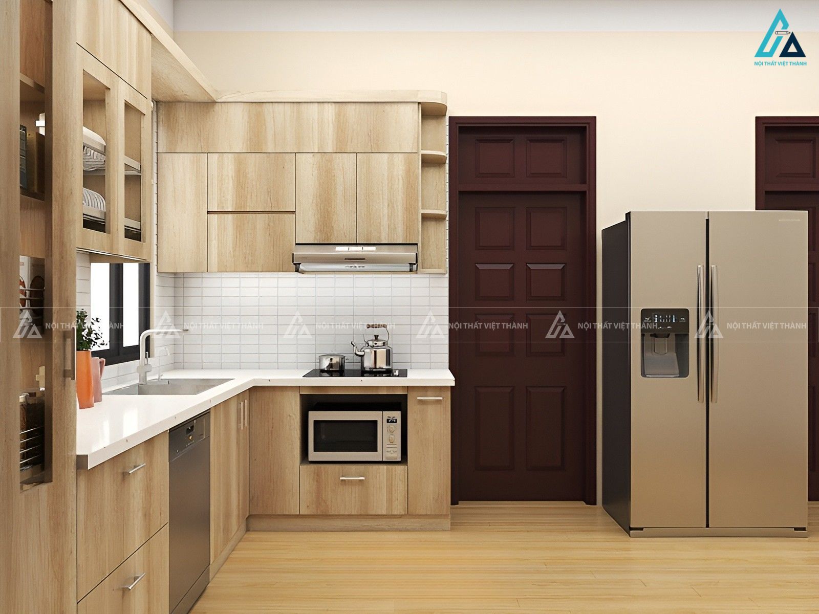 Mẫu tủ bếp mdf vân gỗ ấm áp tích hợp máy rửa bát tiện nghi 1
