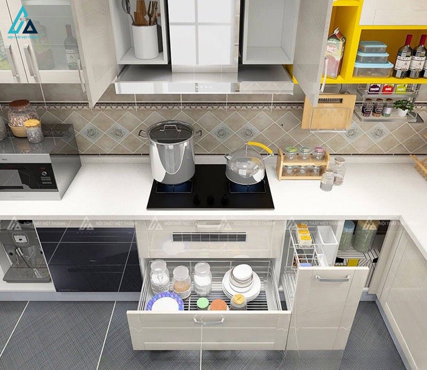 Bộ tủ bếp gỗ mdf chữ L vân gỗ sáng phối màu vàng độc đáo 3