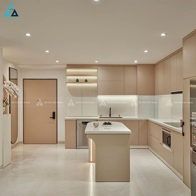 Tủ bếp mdf màu kem sang trọng tích hợp đảo bếp tiện nghi 3