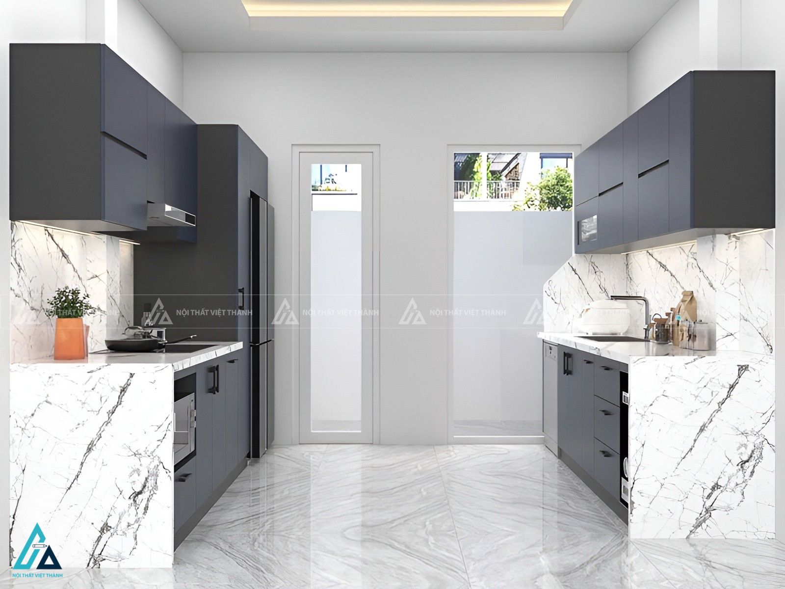 Tủ bếp mdf màu xanh đen sang trọng thiết kế hiện đại tối giản 3