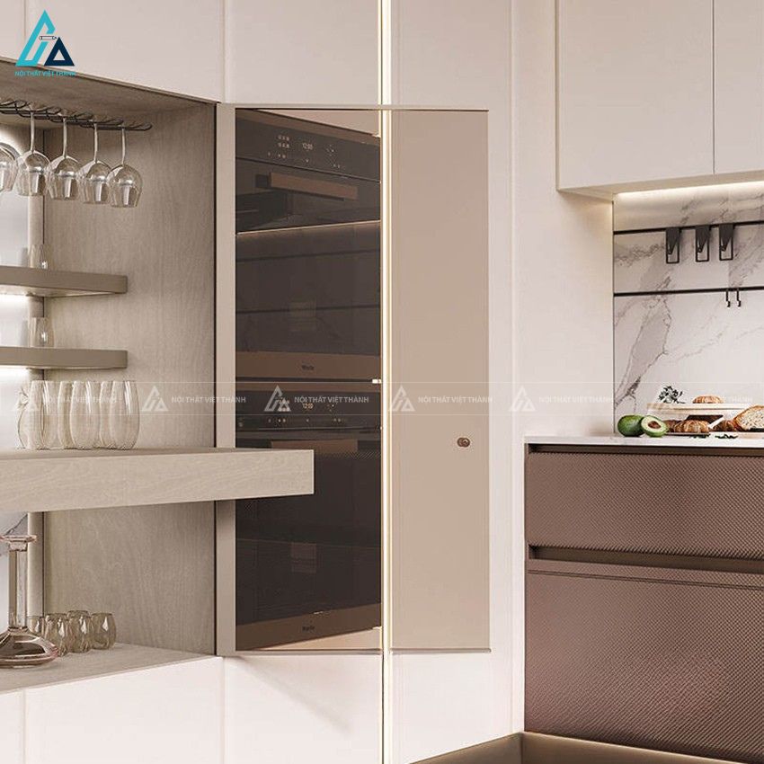 Tủ bếp mdf màu nâu trắng tinh tế nâng tầm vẻ đẹp phòng bếp nhà 3