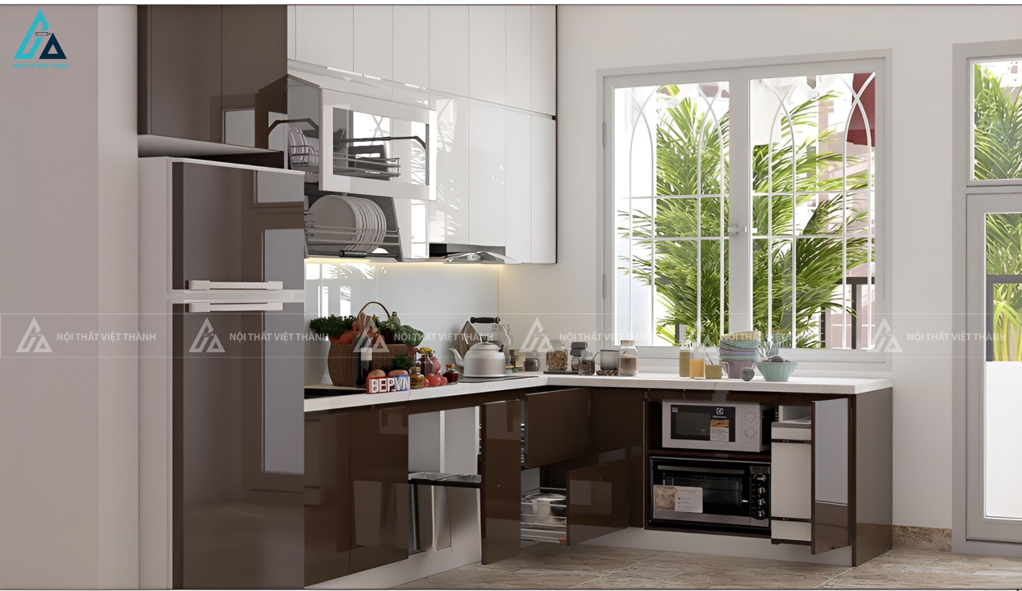 Bộ tủ bếp mdf chữ L màu nâu trắng tinh tế bền bỉ theo thời gian 1