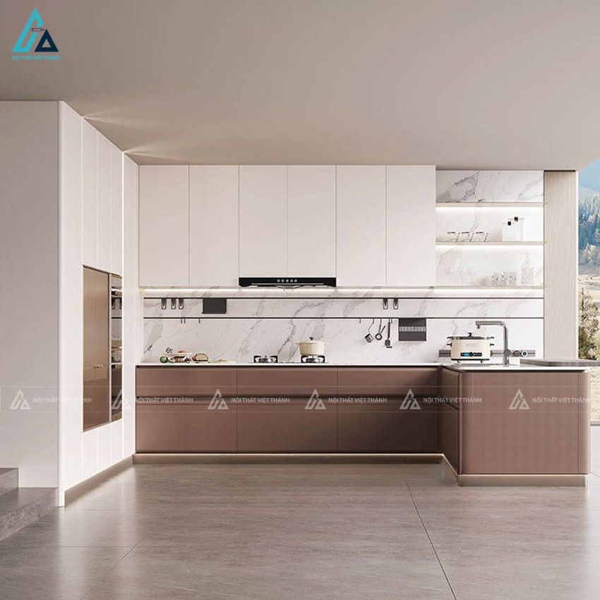 Tủ bếp mdf màu nâu trắng tinh tế nâng tầm vẻ đẹp phòng bếp nhà