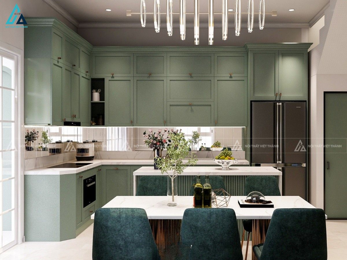 Tủ bếp mdf màu xanh rêu độc đáo kết hợp mặt bàn đá vân mây