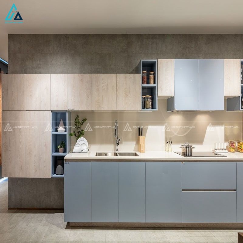 Tủ bếp mdf phối màu xanh nhạt thanh lịch nâng tầm không gian