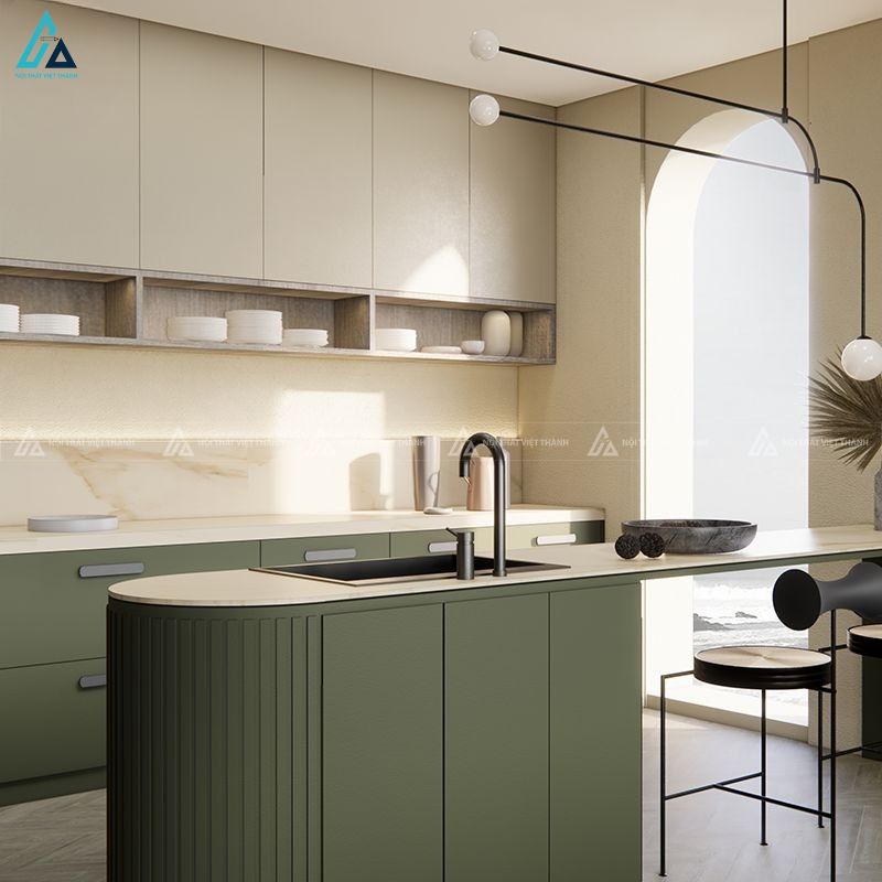 Tủ bếp gỗ mdf màu xanh hiện đại thiết kế bo cong tinh tế sang trọng