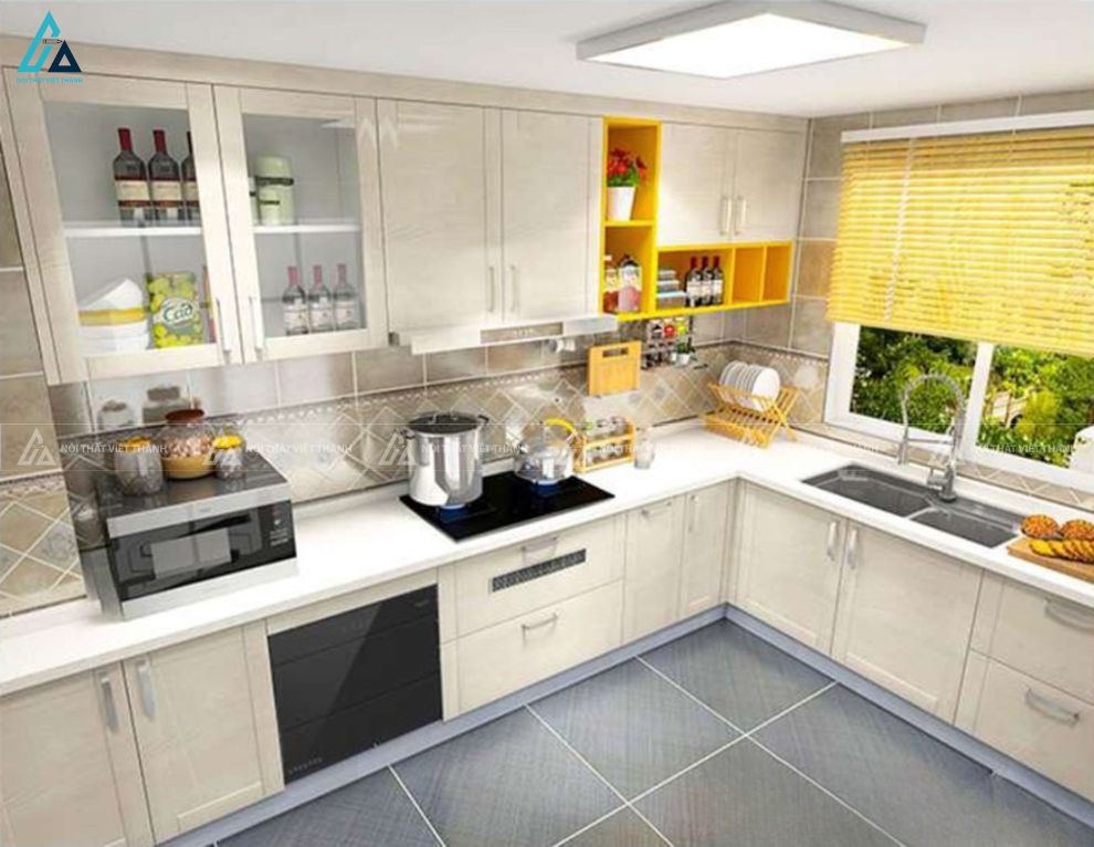 Bộ tủ bếp gỗ mdf chữ L vân gỗ sáng phối màu vàng độc đáo 4