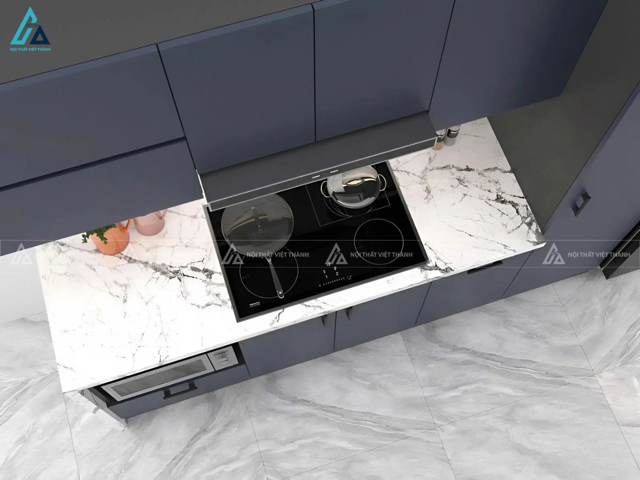 Tủ bếp mdf màu xanh đen sang trọng thiết kế hiện đại tối giản 4