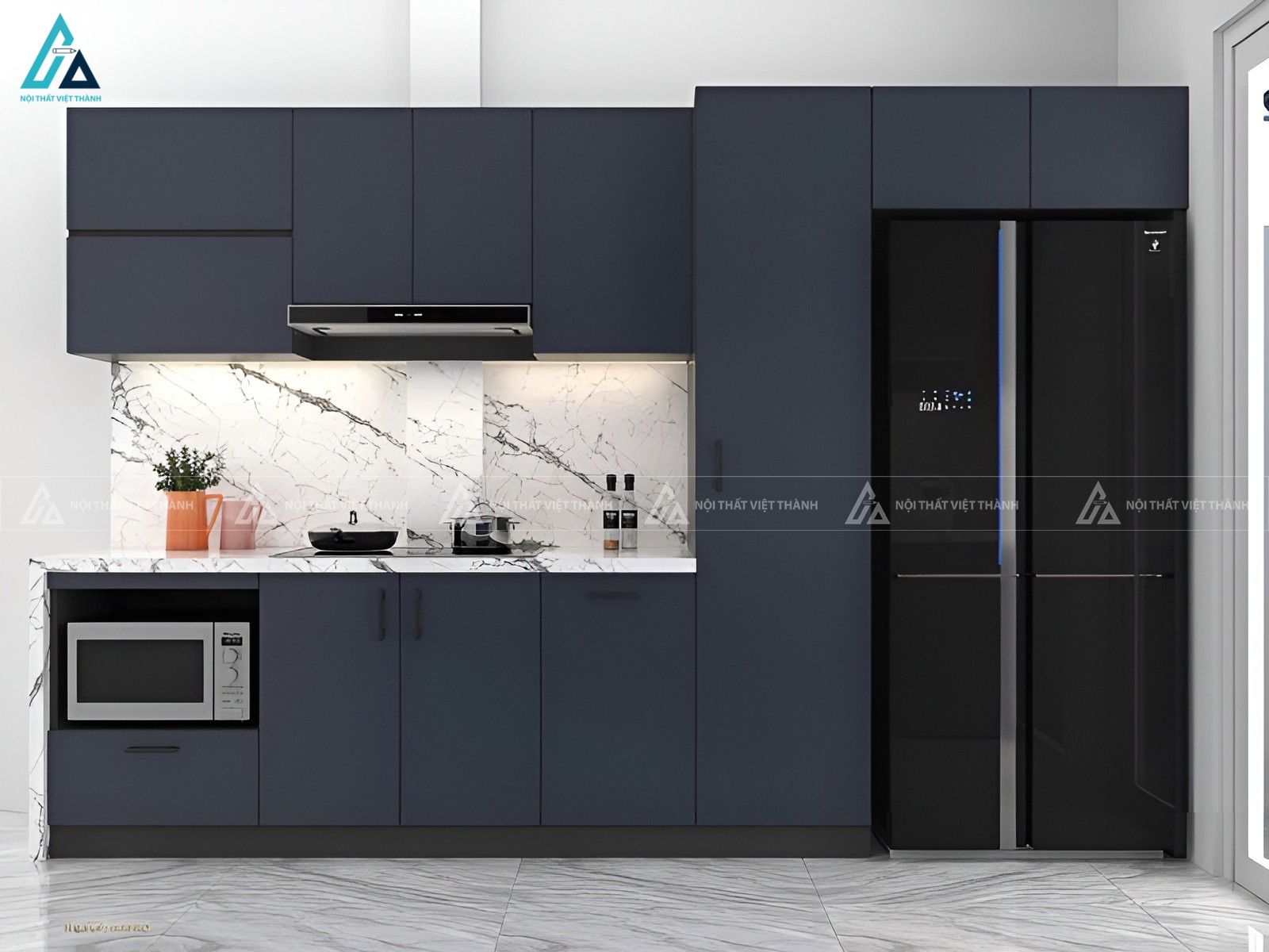 Tủ bếp mdf màu xanh đen sang trọng thiết kế hiện đại tối giản