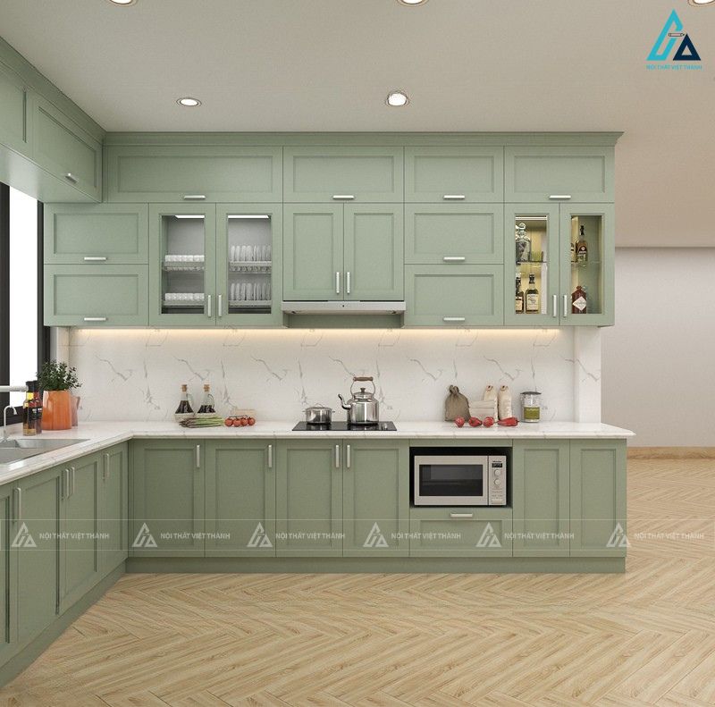 Thiết kế tủ bếp mdf xanh rêu hiện đại tối ưu công năng sử dụng