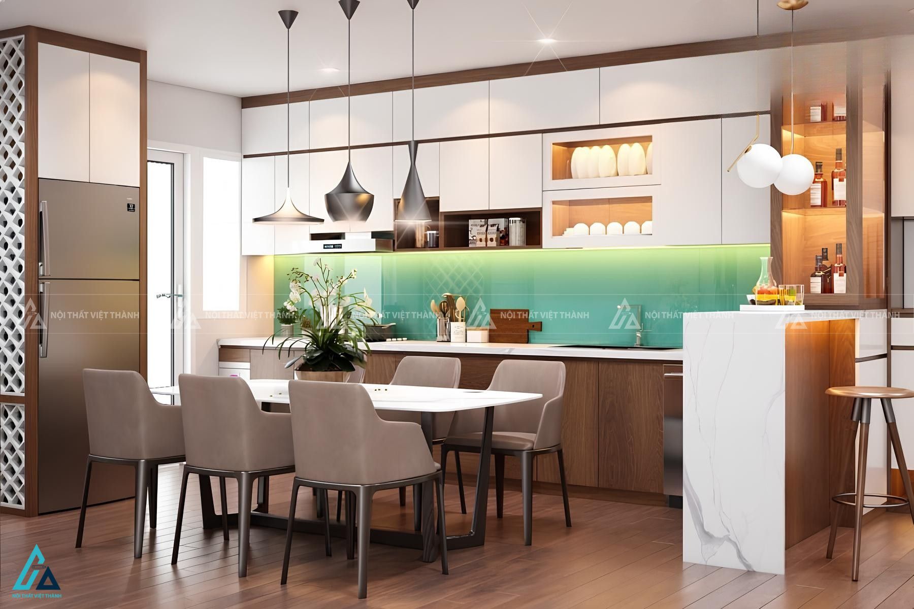 Thiết kế tủ bếp gỗ mdf kết hợp hệ tủ rượu sang trọng tiện nghi
