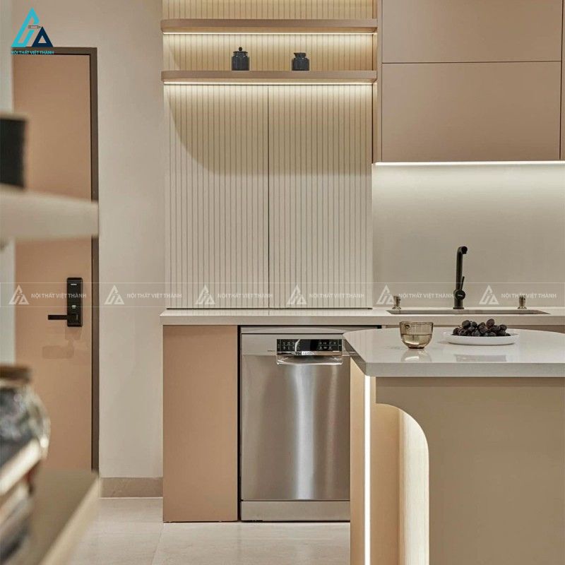 Tủ bếp mdf màu kem sang trọng tích hợp đảo bếp tiện nghi 5