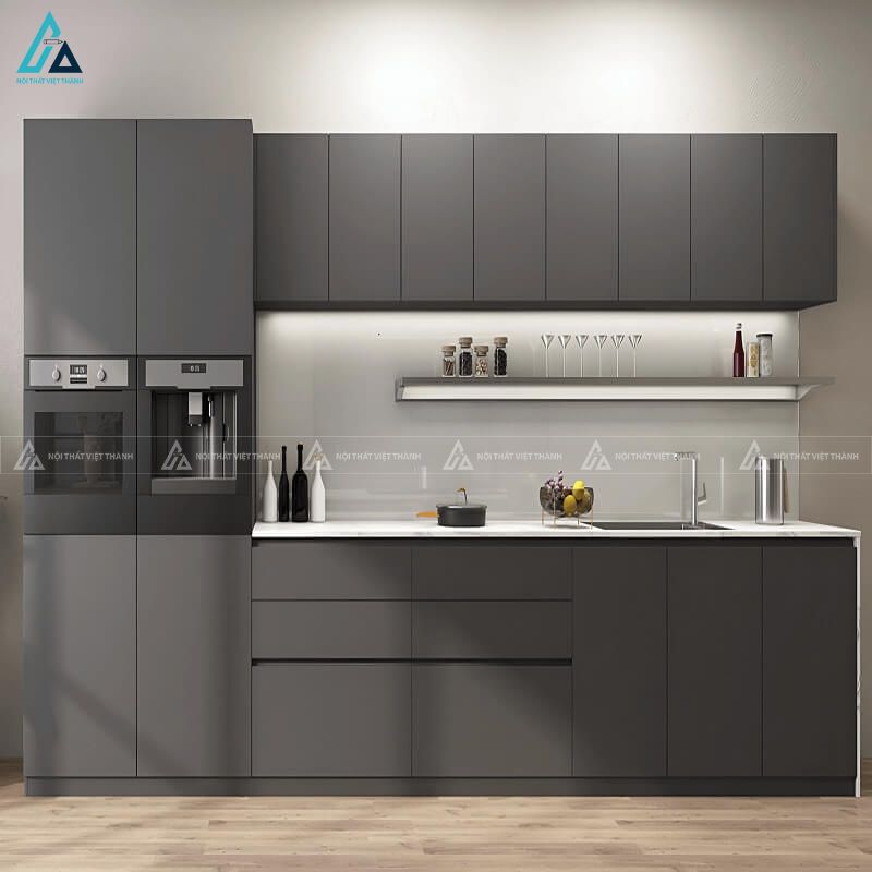 Bộ tủ bếp mdf kịch trần màu xám thời thượng tối ưu diện tích
