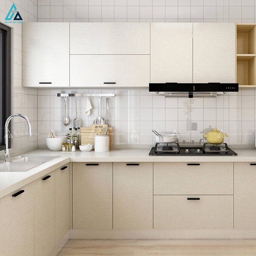 Bộ tủ bếp mdf phối màu kem trang nhã phong cách tối giản tinh tế