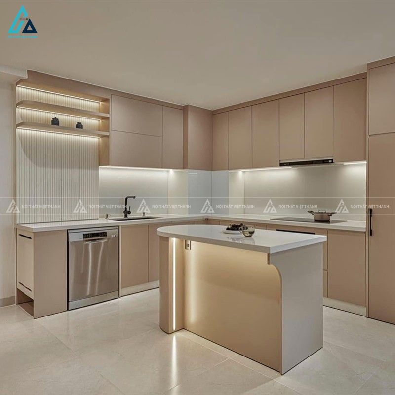 Tủ bếp mdf màu kem sang trọng tích hợp đảo bếp tiện nghi