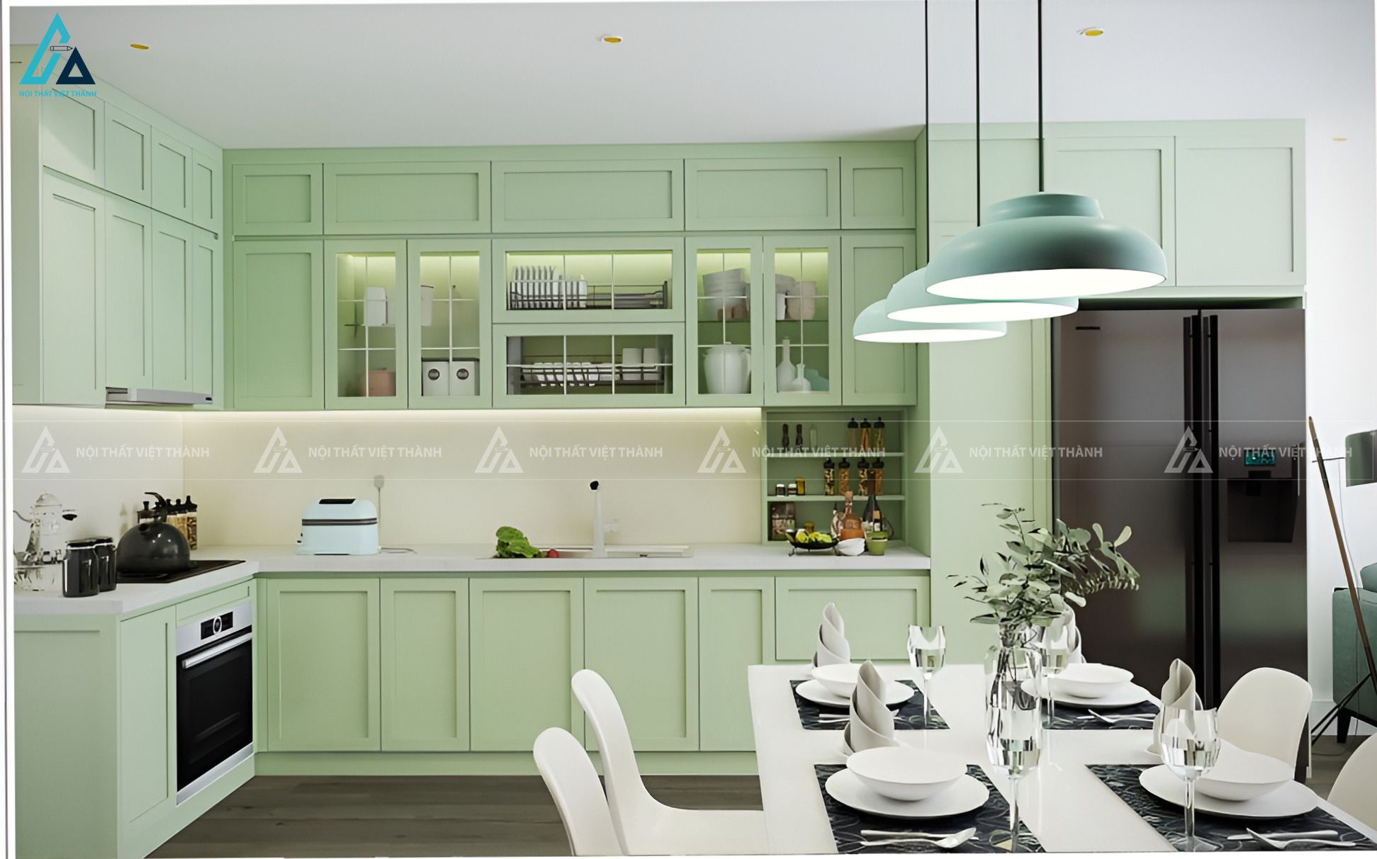 Mẫu tủ bếp mdf màu xanh bạc hà thiết kế cổ điển sang trọng