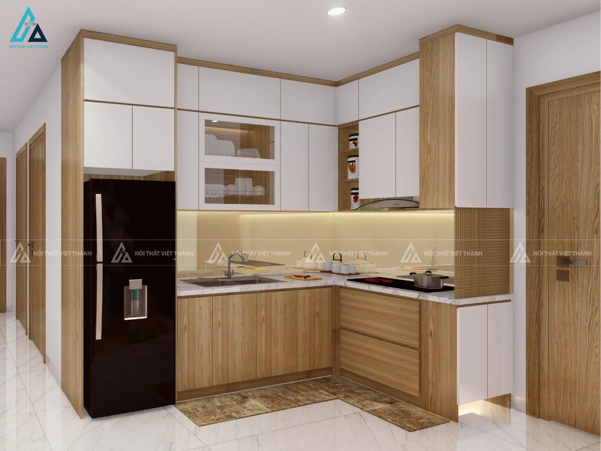 Mẫu tủ bếp mdf vân gỗ phối trắng thời thượng và đầy đủ công năng